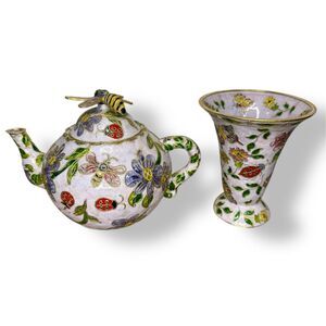 Vintage Cloisonne Enamel Bumblebee Teapot & Vase Decorative Collectibles